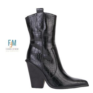 Black Croc Textured Side Zip Block Heel Mid Calf Boot 10M 41 NWOT